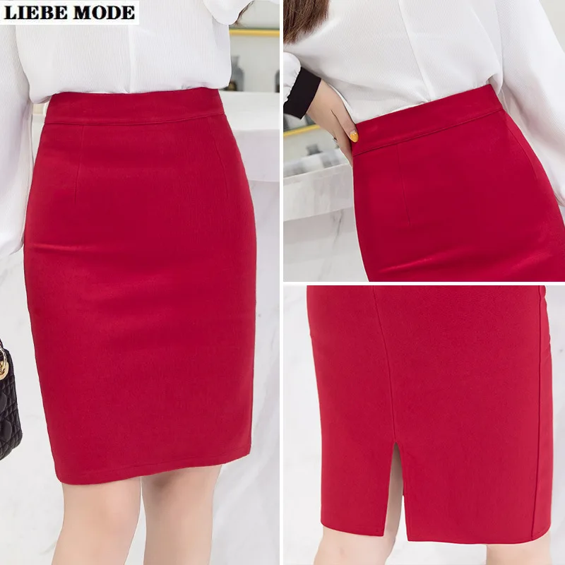 

Office Womens Work Wear Formal Pencil Skirt Women Elastic High Waist Split Skirts Bodycon Package Hip Black Grey Red Jupe Femme