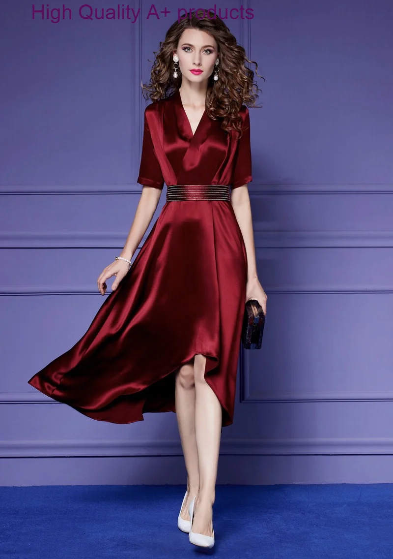 

Женское асимметричное платье средней длины, летнее дизайнерское элегантное однотонное асимметричное платье с коротким рукавом и V-образным вырезом