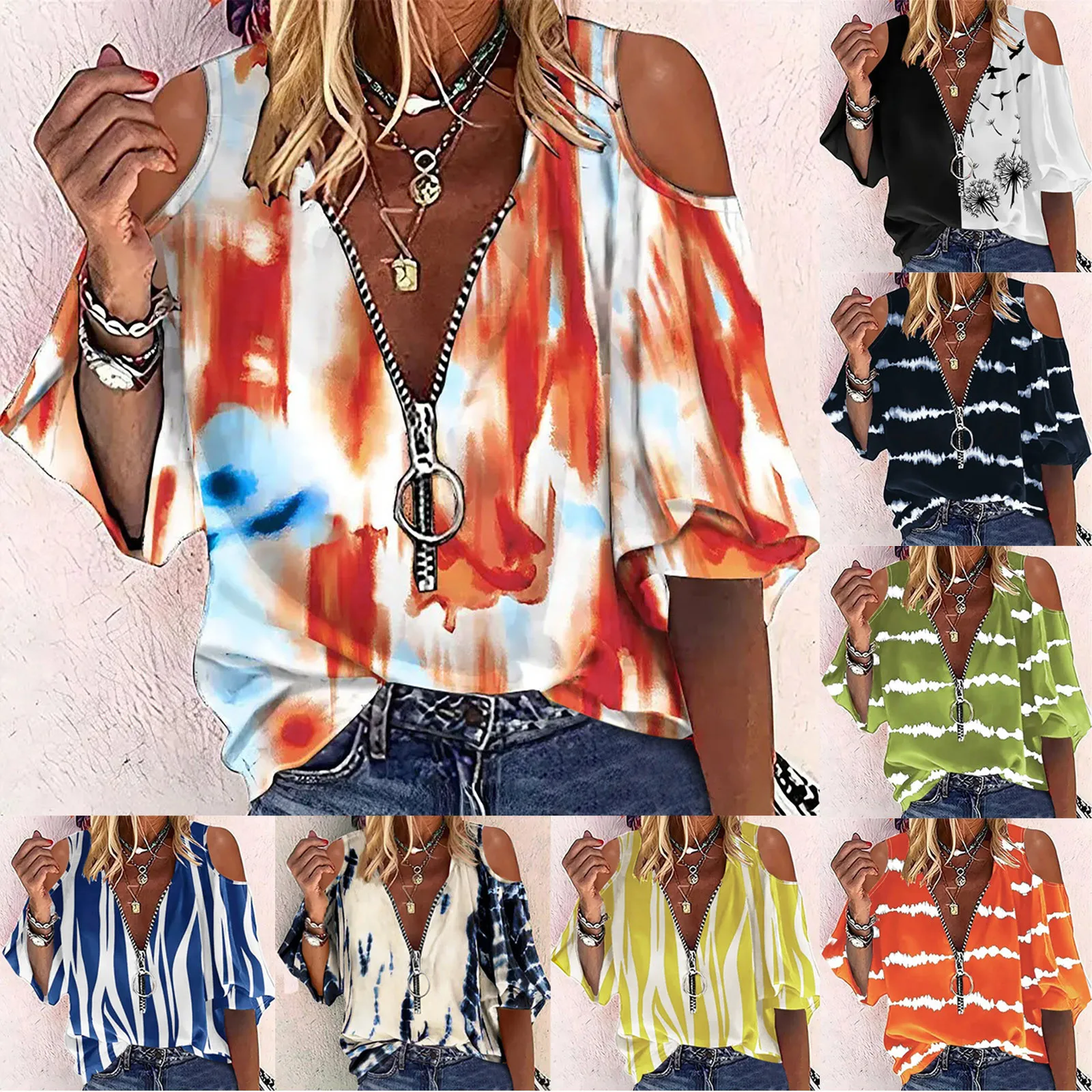 

ISHOWTIENDA Fashion Summer Shirts for Women Sexy Shirt Cold Shoulder Pullover Blouse Half Sleeve Zipper Printed Tops