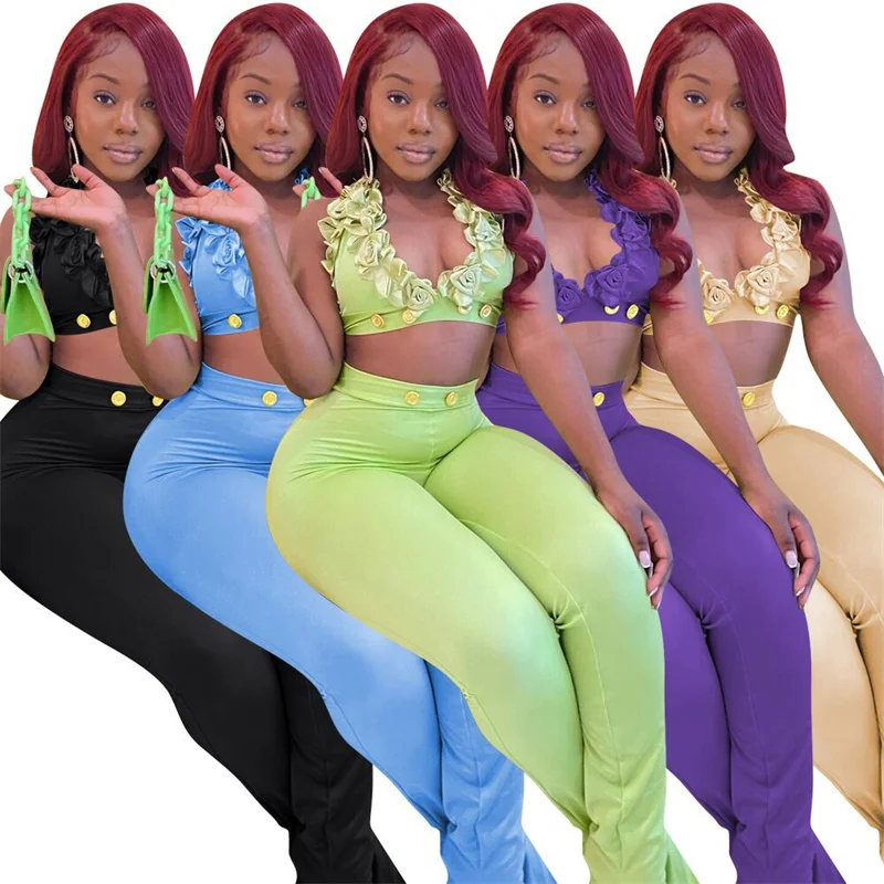 

Женский брючный костюм Zoctuo, комплект из двух предметов: бюстгальтер на завязках, укороченный топ и брюки с 3D цветочной вышивкой на пуговицах...