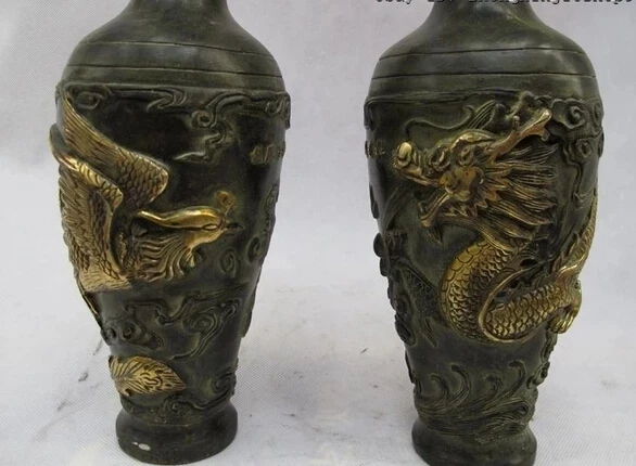 

China Folk Classic Bronze Gilt Royal Dragon phoenix Play phoenix Vase Pair