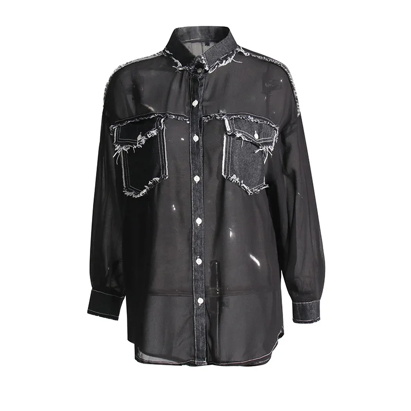 

SuperAen 2023 New Fashion Thin Casual Comfortable Lapel Panel Pocket Women Summer Long Sleve Shirts