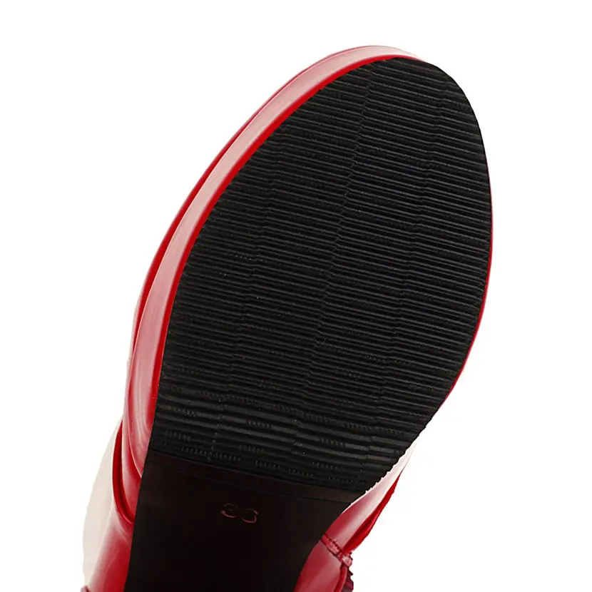 Big Size Women Knee-high Platform Boots 10cm High Chunky Heel Black Red Sexy Party Club Lady Round Toe Lace-up Zipper Long Boots