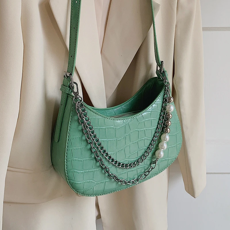 

Stone Pattern Half Moon Cute PU Leather Crossbody Sling Bag for Women 2022 Summer Female Chain Brand Shoulder Handbag and Purses