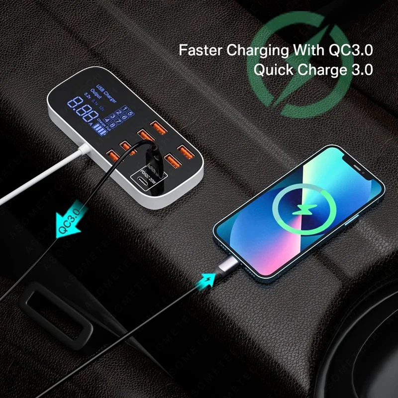 

8-Port Car USB Charger QC3.0 PD Fast Charge 40W 8A Multi-Port USB Socket With LED Display
