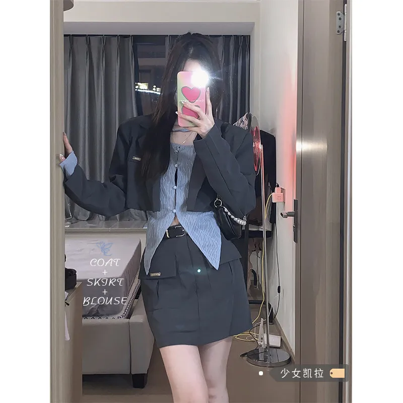 

Korean Chic Fashion Matching 3 Piece Blazer Outfits Lining Shirt&Long Sleeve Short Blazer&Mini Skirt Suits Lady 3pc Dress Sets