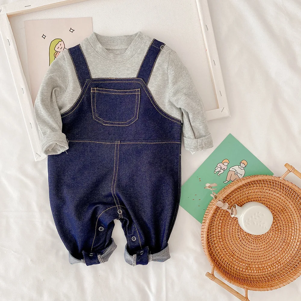 

Трикотажный комбинезон, мягкий джинсовый костюм для ползания, Детский комбинезон из двух частей, одежда для малышей, штаны-слинги с открыто...