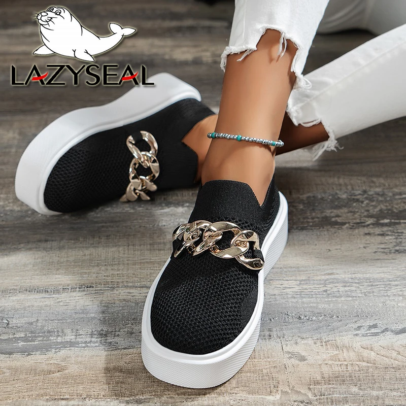 LazySeal Light Weight Platform Chain Loafer Flats for Women Round Toe Slip on Mesh Sneakers Fabric Breathable Ladies Footwear
