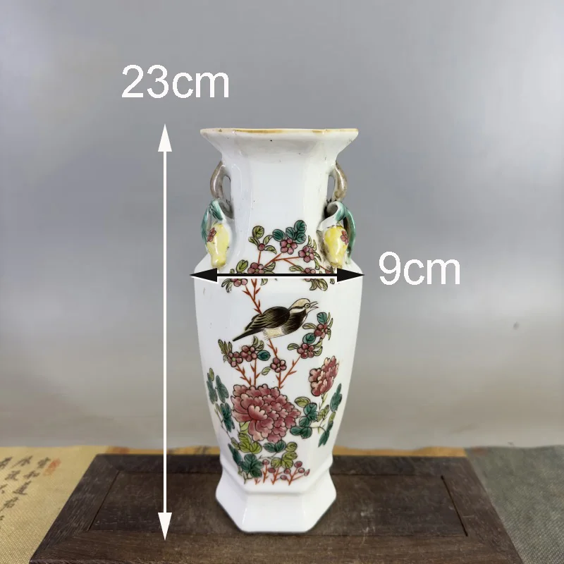 Фото Qing Famille роза и птица шестиугольная ваза антикварная фарфоровая ваза украшения горшки украшения ручная роспись старый дисплей №2