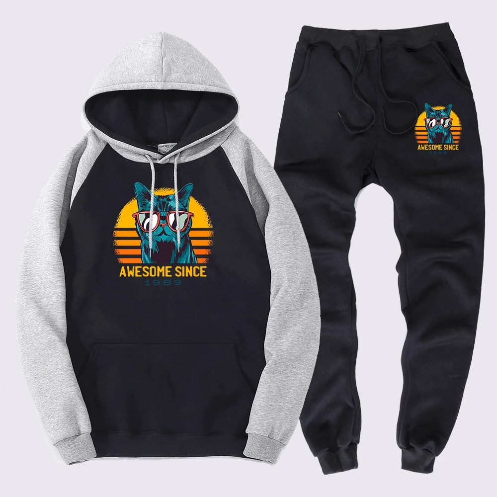 

Awesome Since 1989 Born Cool Birthday Catmen Hooded Street Warm Pullovers Korean Pocket Sweatwears Harajuku Loose Pullover Suits