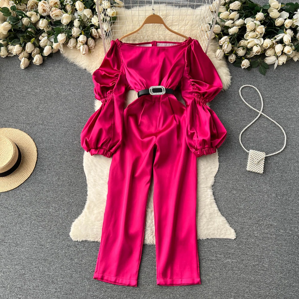 

Clothland Women Elegant Off Shoulder Jumpsuit Slash Neck Long Sleeve Belt A Line Summer Sexy Playsuits Mujer KA309