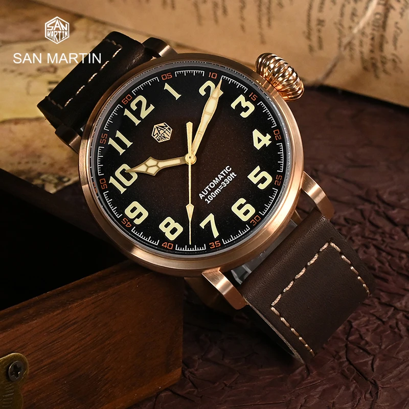 

San Martin CuSn8 Bronze Men Mechanical Watch Automatic Self-Wind YN55A Retro Wristwatch Leather Strap Watches 10Bar Relojes