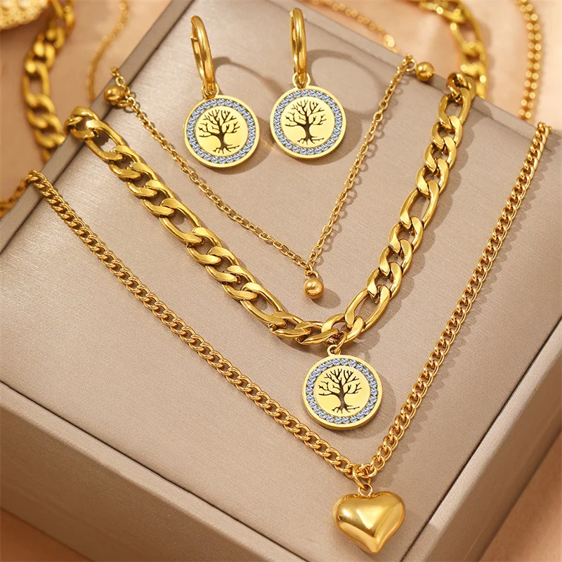 316L Stainless Steel Multi-layer Chain Love Tree Of Life Pendant Necklace Earring Women's Jewelry Set