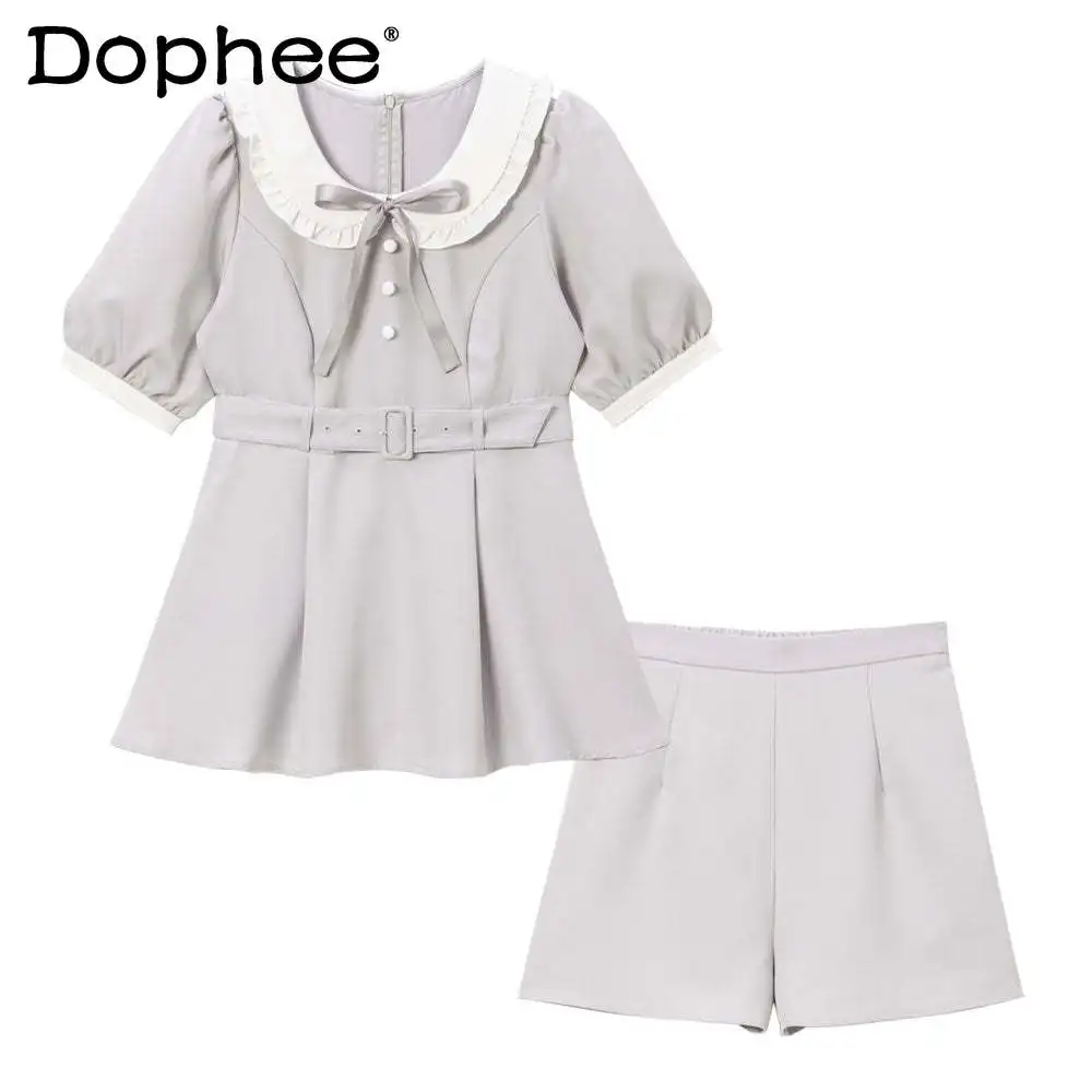 

2023 Summer New Round Neck Slim Fit Short-Sleeved Tops And Shorts Female Bow Wooden Ear Suit Shorts Fashion Two-Piece Outfits