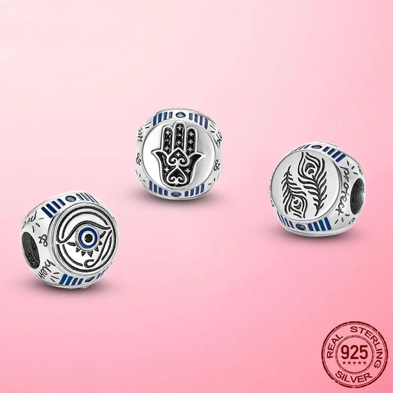 

Lucky Blue Eyes Fatima Hand Beads Silver Color Hamsa Hand Feather Charms fit Original Pandora Bracelet DIY Jewellery Making