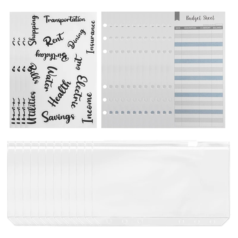 

28 PCS Binder Pockets A6 6 Holes Clear Binder Zipper Envelopes Folders Budget Trackers Paper For Notebooks Bill Planner