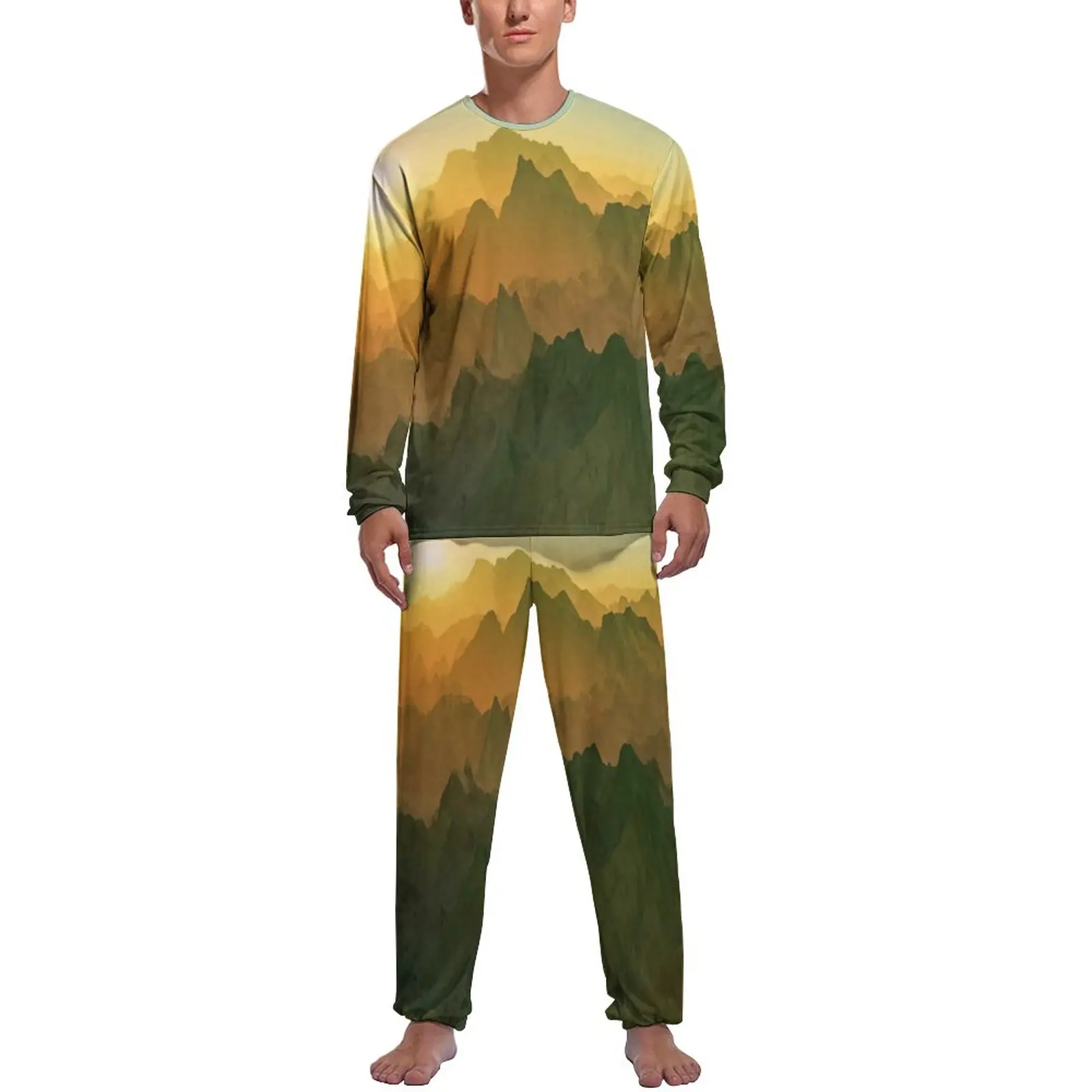 Elegant Mountains Pajamas Autumn Sunset Print Leisure Nightwear Man 2 Pieces Custom Long-Sleeve Warm Pajama Sets