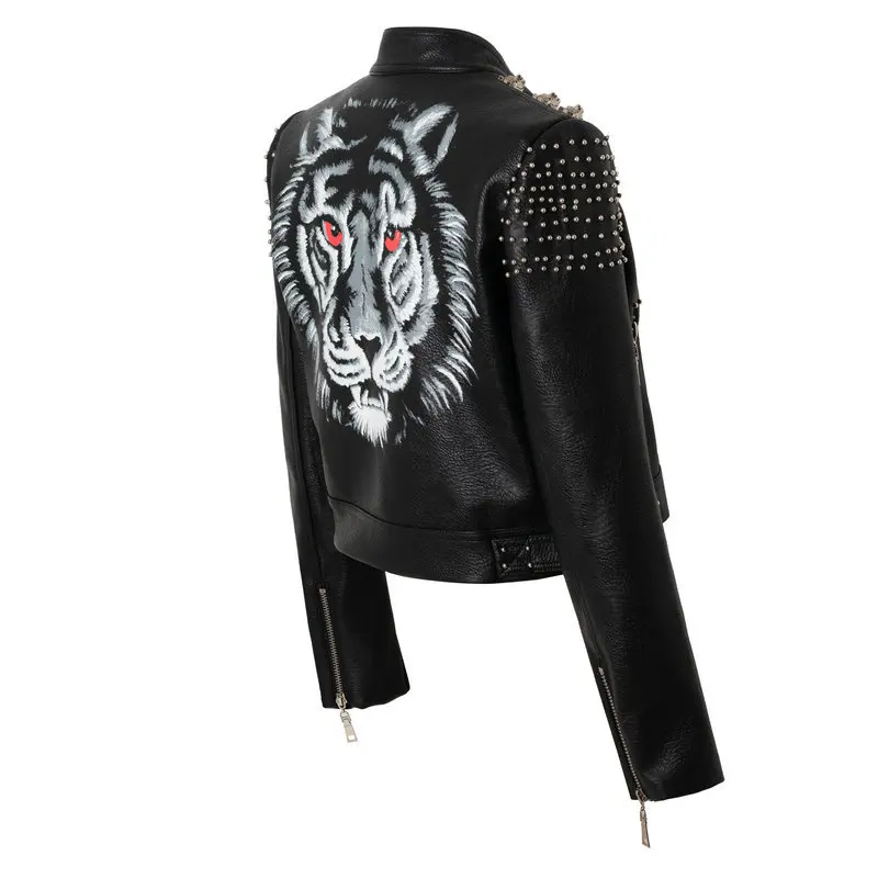 Ladies spring and autumn new street rock punk style tiger head print tiger head metal heavy industry rivet short leather jacket