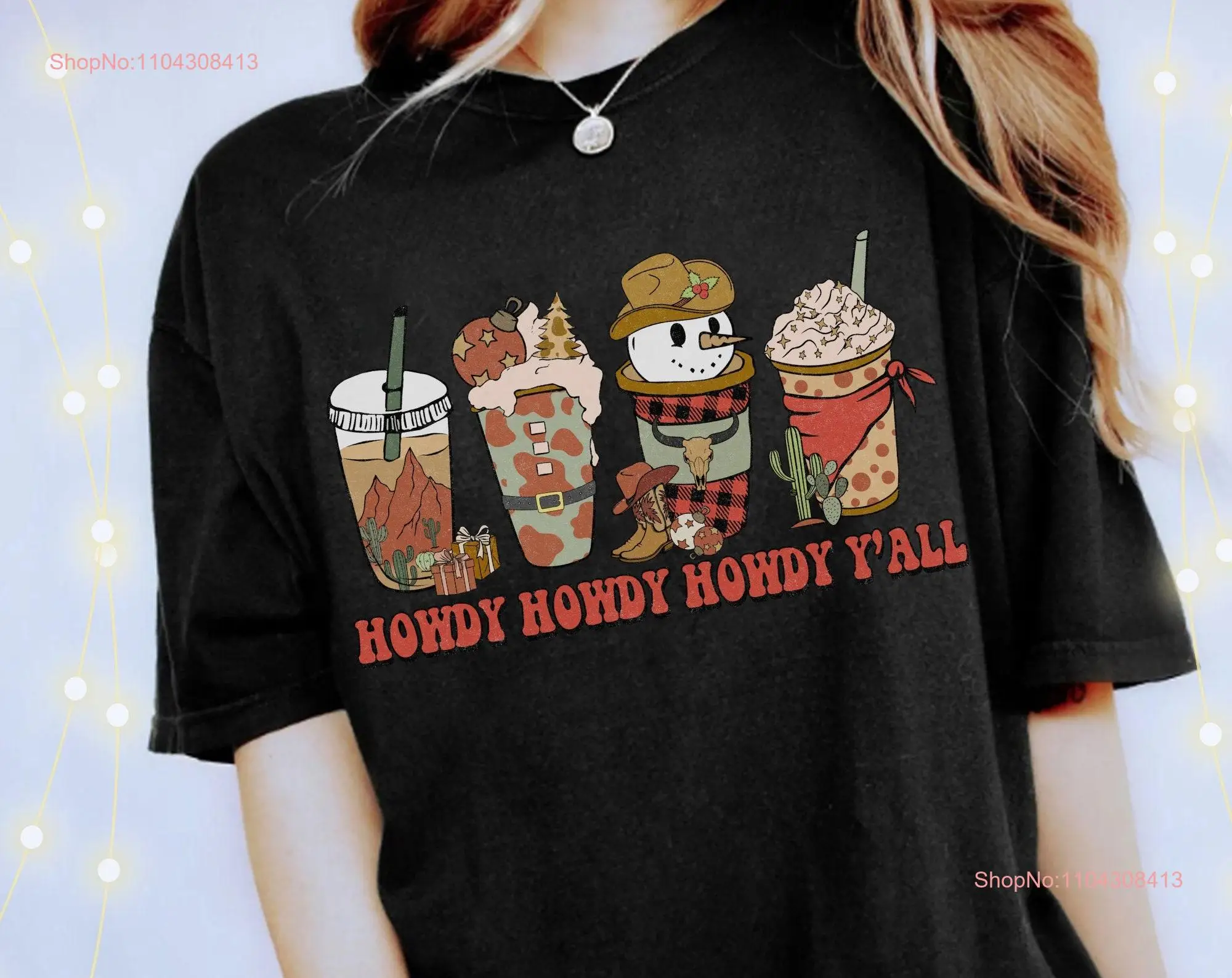 Рождественская футболка Howdy Yɺll Western Cowboy Snowman Ugly Holiday Coffee с длинными или