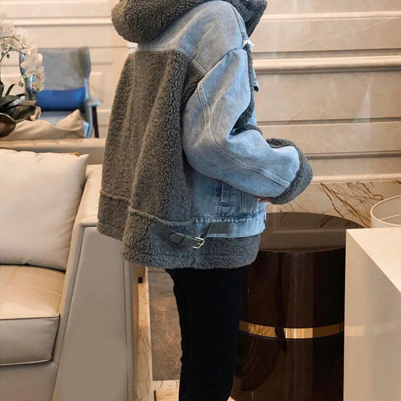 Европейская женская джинсовая верхняя одежда с капюшоном зимняя куртка-парка