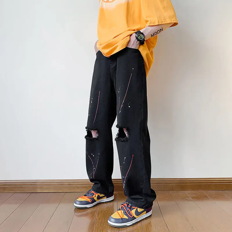Summer 3-color Ink Splash Jeans Men Fashion Casual Straight Jeans Mens Streetwear Loose Hip-hop Holes Denim Pants Mens Trousers