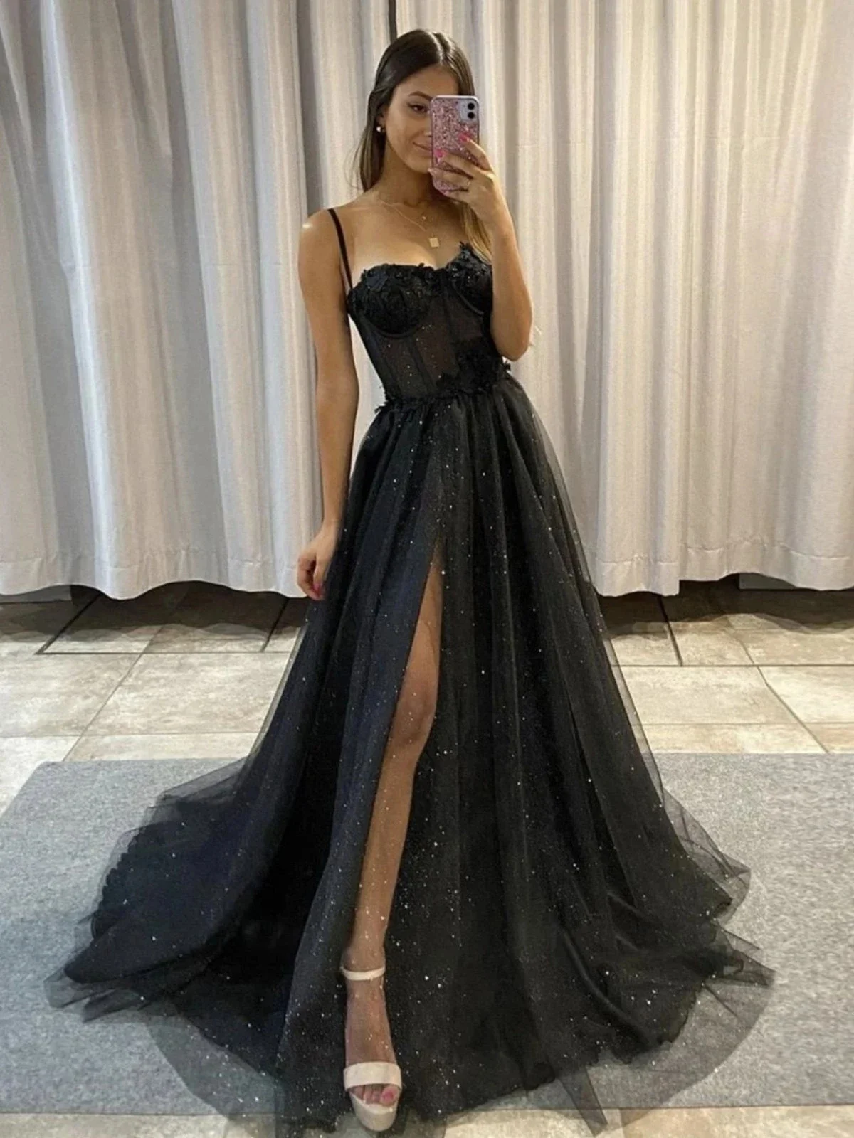 

Shiny Black Glittering Prom Dresses Sweetheart Corset Party Dresses 3D Flowers Spaghetti Straps Long Evening Gowns Side Slit