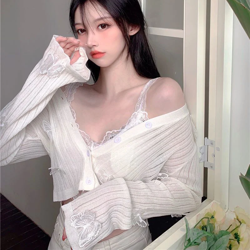 Тонкий вязаный женский кардиган с 3D бабочкой летние сексуальные кружевные