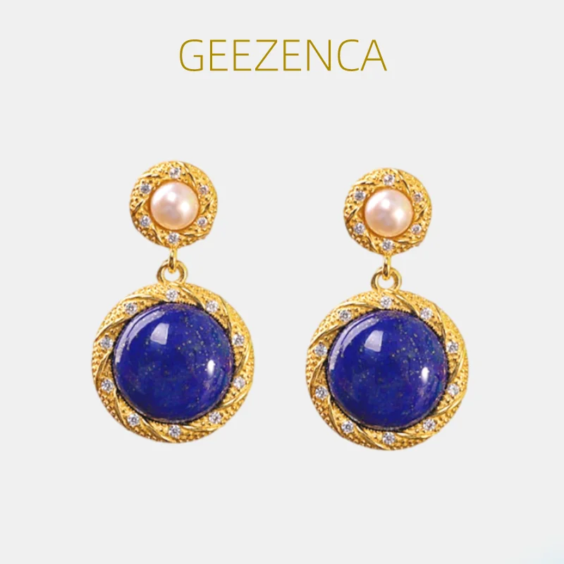 

GEEZENCA Natural Lapis Lazuli Pearl Zircon 925 Silver Dangle Earrings For Women Gold Plated Blue Stone Hanging Earring Gift