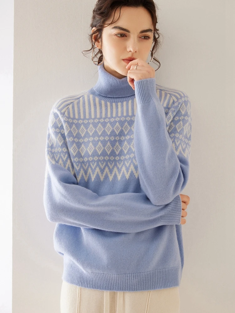 Новые женские пуловеры с высоким воротником жаккардовый кашемировый свитер