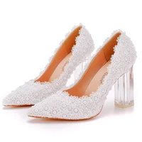 9cm high heel crystal shoes woman white flower wedding bridals shoe ankle strap lace up high shoes sweet party shoe size 35 43