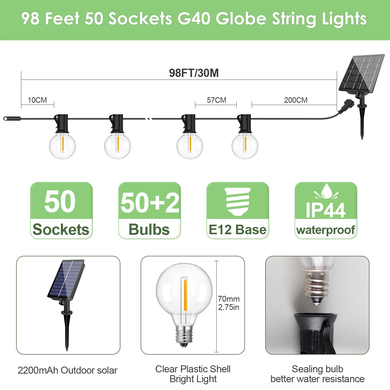 

Солнечные гирлянды LED, теплый белый, прозрачный пластик, 8 режимов