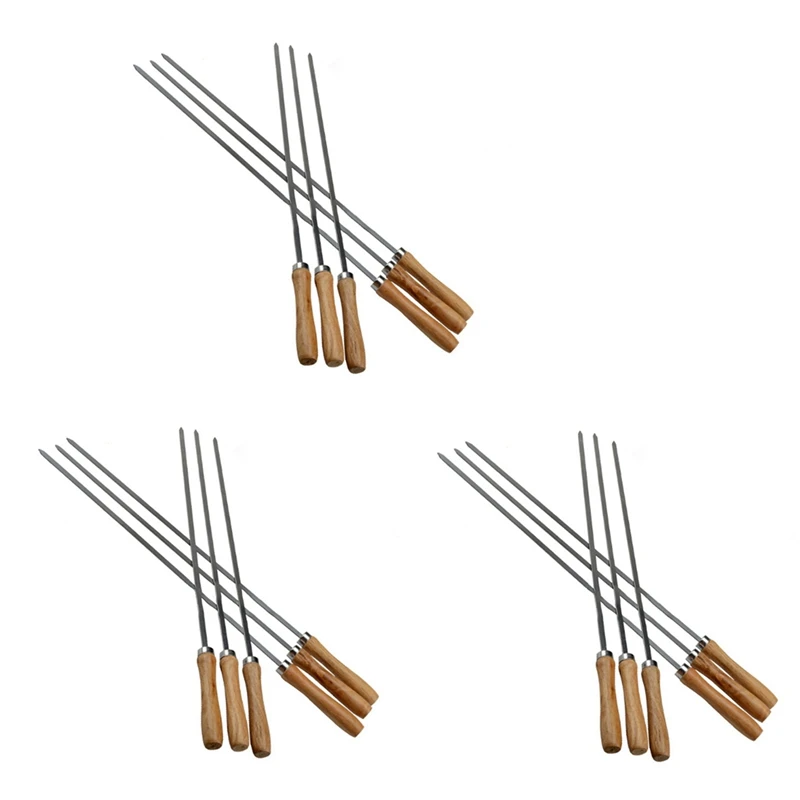 

18Pcs Kebab BBQ Stainless Steel Skewers With Wooden Handles Flat Reusable Metal Skewer Sticks With Storage Pouch