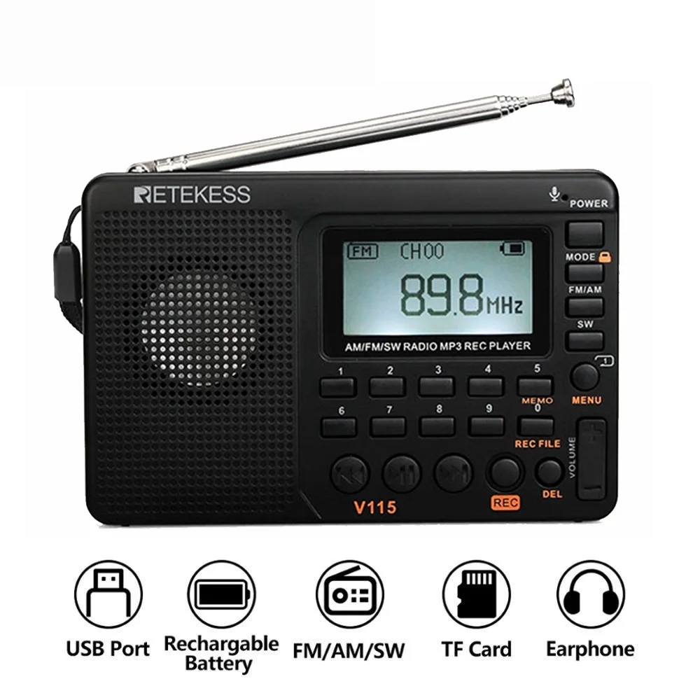 

V115 Radio AM FM SW Pocket Radio Shortwave FM Speaker Support TF Card USB REC Recorder Sleep Time
