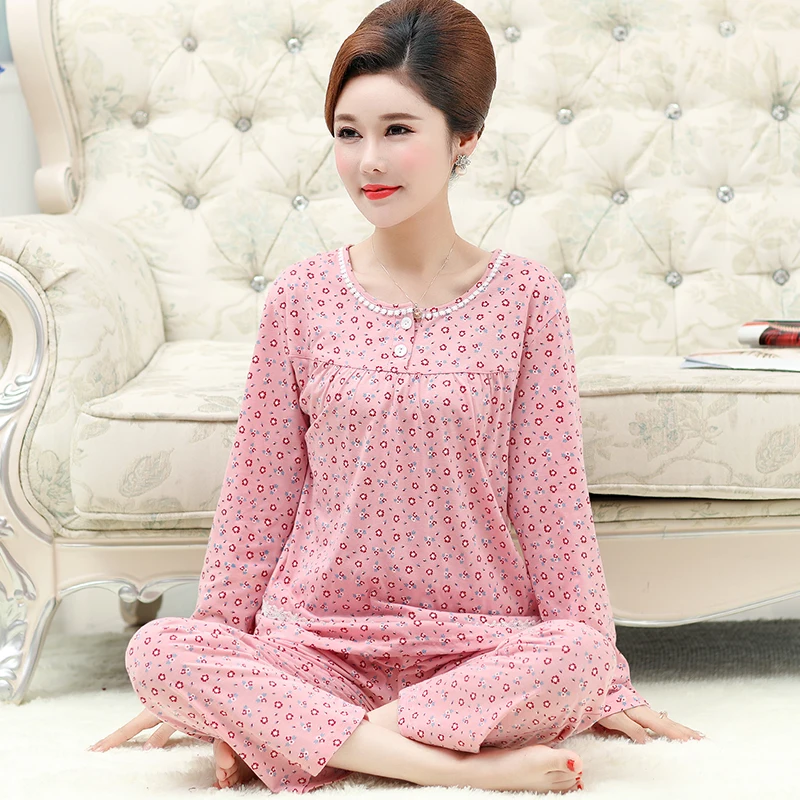 

New Arrival Autumn 100%Cotton Floral Women Pajamas Round Neck Leisure Elegant Big Size L-3XL Female Pyjamas Long Top+Long Psnts