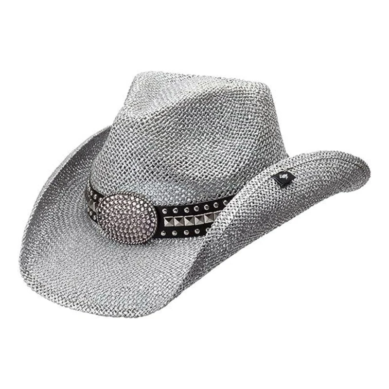 

L93F Wide Brim Cowboy Hat Rhinestones for Bachelorette Party Stage Dancing