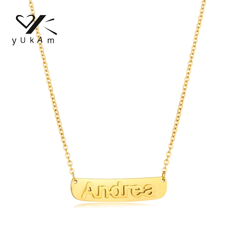 YUKAM Valentine Embossed Nameplate Necklace Custom Personalized Stainless Steel Necklaces for Women Special Women's Name Chain