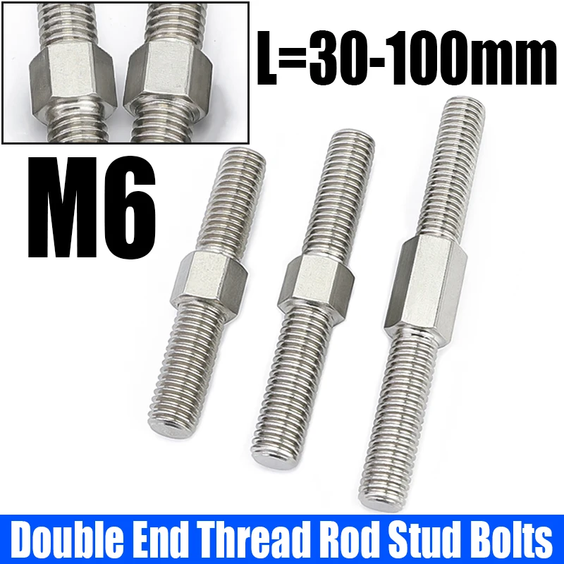 

2PCS M6 304 Stainless Steel Dual Head Threaded Bar Stick Left And Right Thread Double End Thread Rod Stud Bolts L=30mm-100mm