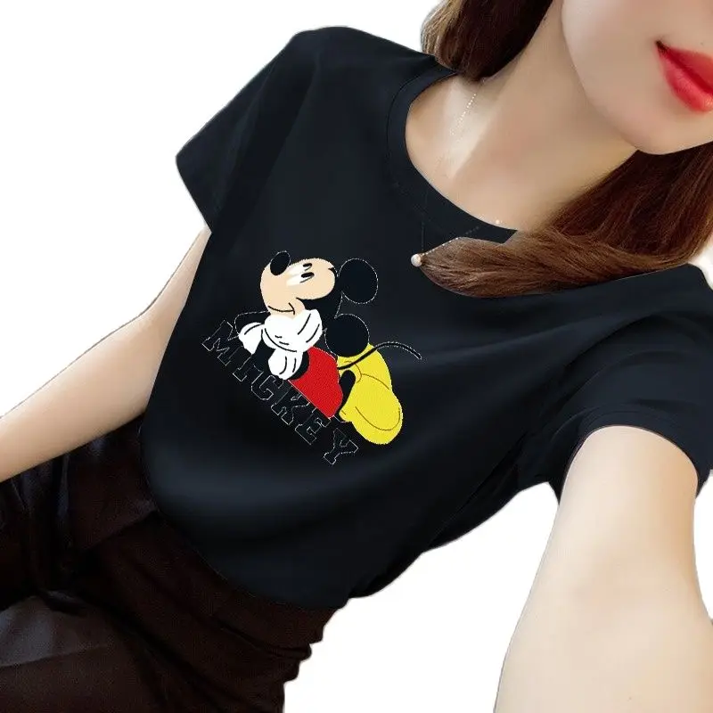 

Disney Mickey Mouse Ice Silk T-Shirt Women Summer 2022 Cartoon Streetwear Soft Artificial Satin T Shirt Women Tee Shirt Y2K Top