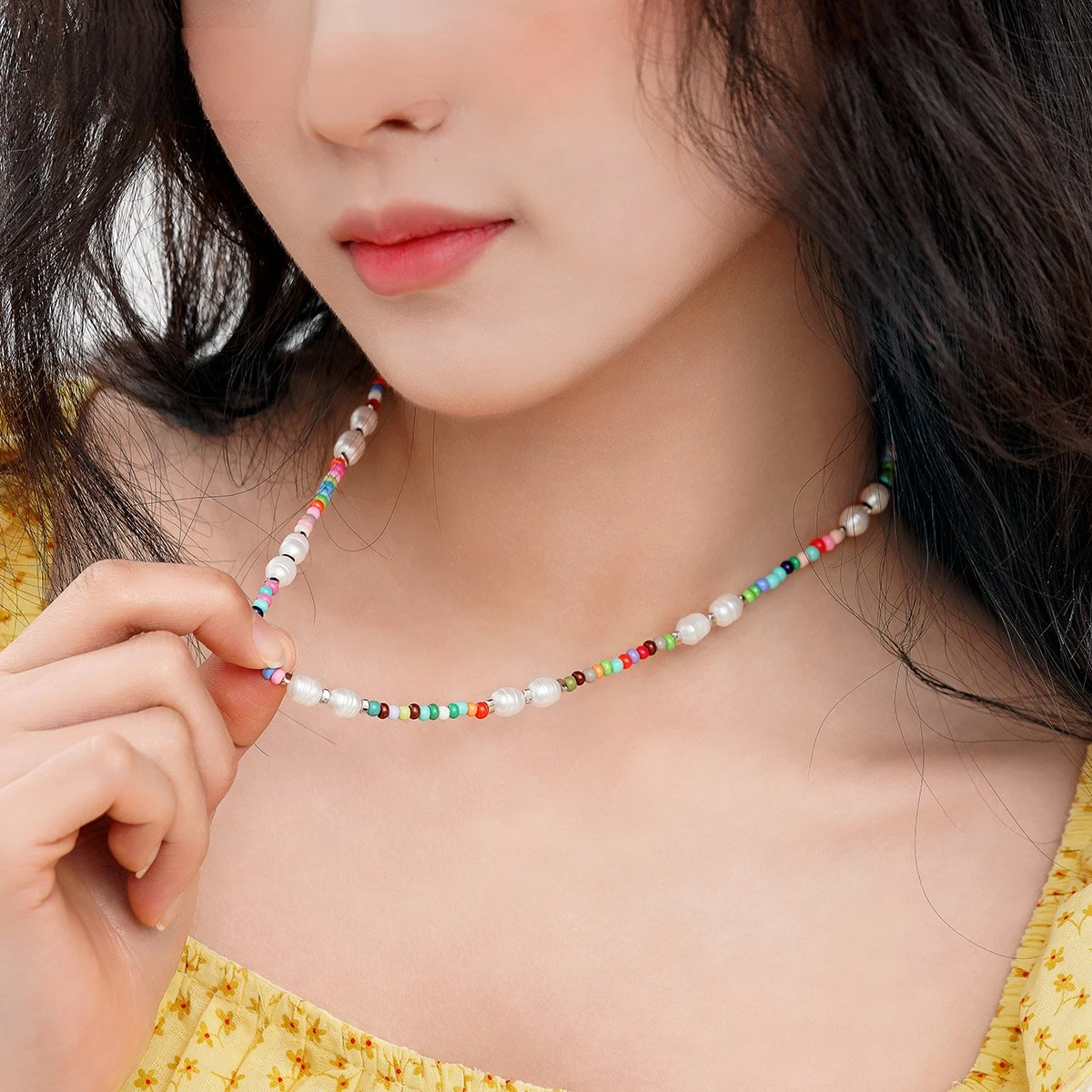 Necklace Summer Vacation Style Female Baroque Freshwater Pearl Stitching Color Beaded Clavicle Chain