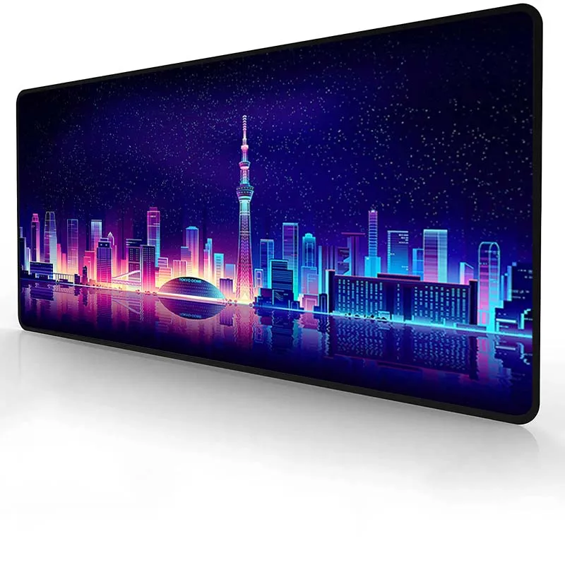 

Коврик для мыши Xxl Kawaii, неоновый градиентный коврик для мыши с ночным видением, городской архитектурной достопримечательностью, иллюстрацией, игровой настольный аксессуар