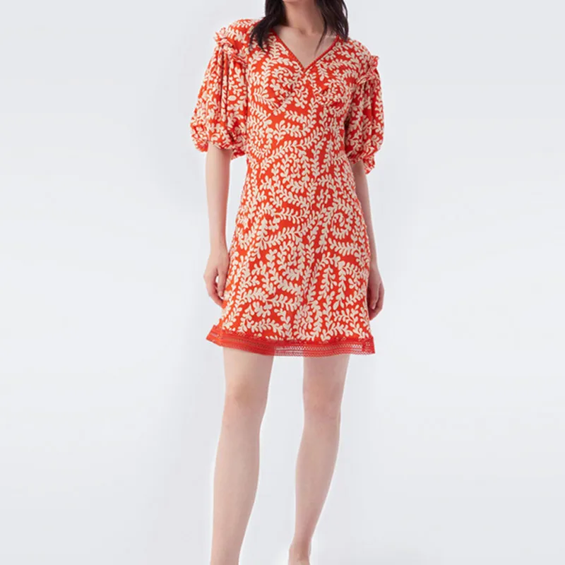 

Peach Leaf Print Women Lace Stitching Mini Dress 2022 new Slim High Waist Short Puff Sleeve Female V-neck Robes