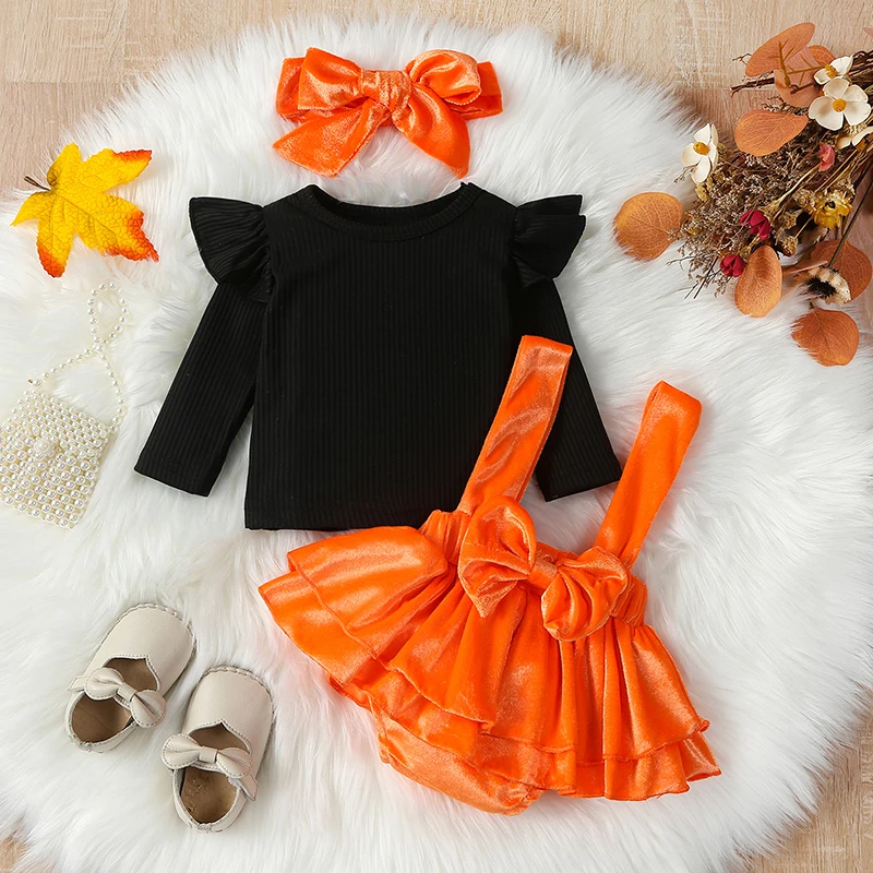 

0-18M Infant Baby Girl Fall Clothes Long Sleeve Ruffled Tops Suspender Shorts Bow Headband Set Sweet 3 Pcs Newborn Outfit