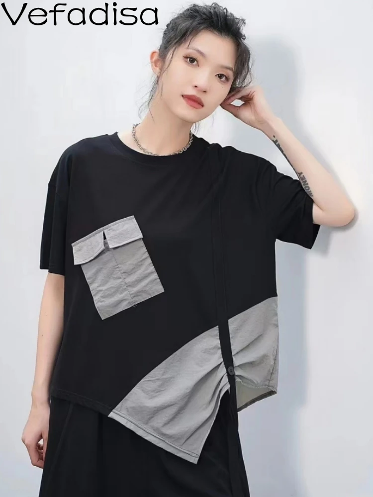 

Vefadisa 2023 Summer New Spliced T-shirt Irregular Short Sleeved Women Personalized Casual Trendy Girl Top ZY939