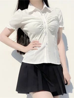 houzhou white shirt women 2022 summer sexy tight blouse kawaii preppy style puff sleeve short sleeve high street female shirt
