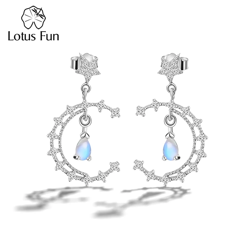 

Lotus Fun Real 925 Sterling Silver Zirconia Natural Blue Moonstone Star and Moon Drop Earrings for Women Luxury Fine Jewelry