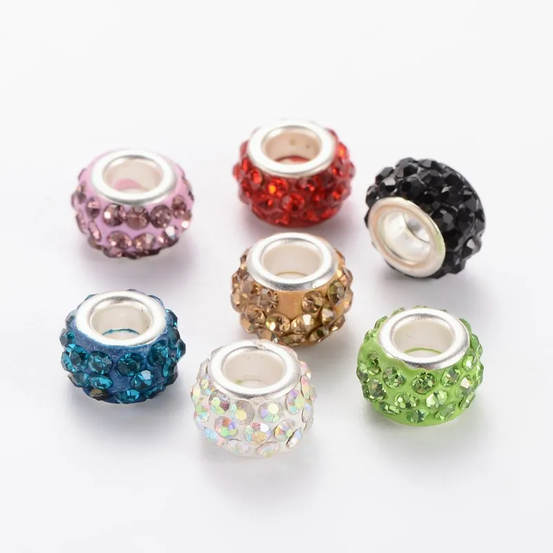 

100pcs Polymer Clay Rhinestone European Beads, Large Hole Rondelle Beads
