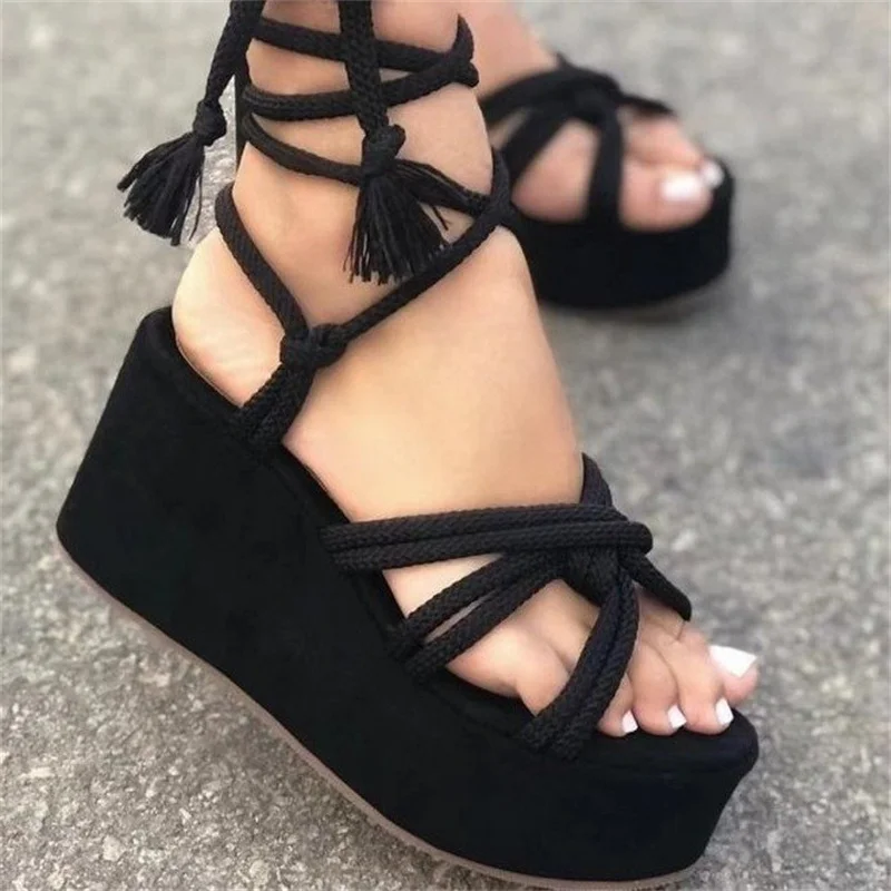 

2022 Women Gladiator Cross Tie Sandals Ladies Casual Open Toe Shoes Female Thick Bottom Platform Comfortable Flat Big Size 43
