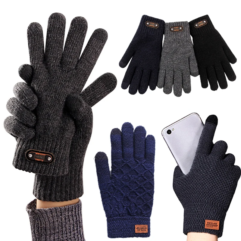 

Outdoor Fleece Riding Driving Gloves Wool Knit Thicken Elastic Men Gloves Five Finger Jacquard Knitting Solid Color Weave Mitten