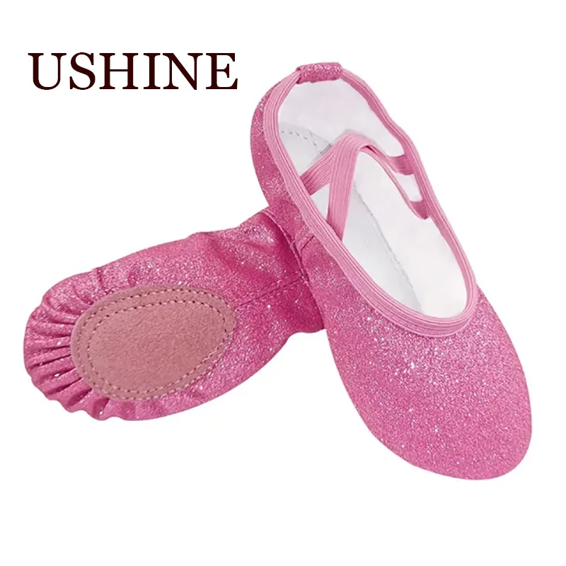Балетная танцевальная обувь с блестками USHINE, обувь для йоги, спортзала, плоская подошва, розовые, синие, розовые, красные, для девочек и женщи...