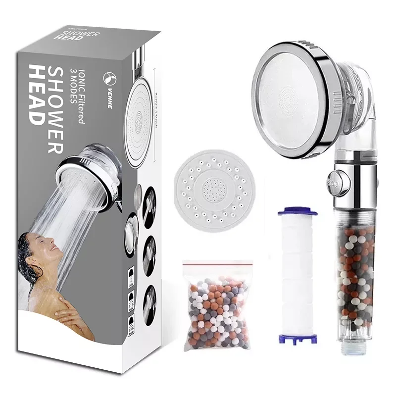 

New Bathroom SPA Shower Head with Colorful Box 3 Modes Adjustable High Pressure Water Saving with Replacement Beads and Filter
